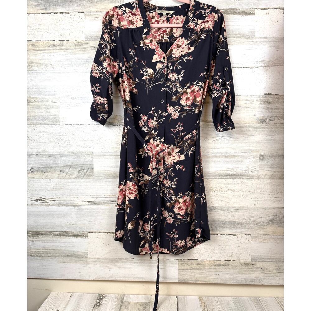 41 Hawthorn Womens S Blue Pink Floral Christen Roll Cuff Mini Shirt Dress NEW